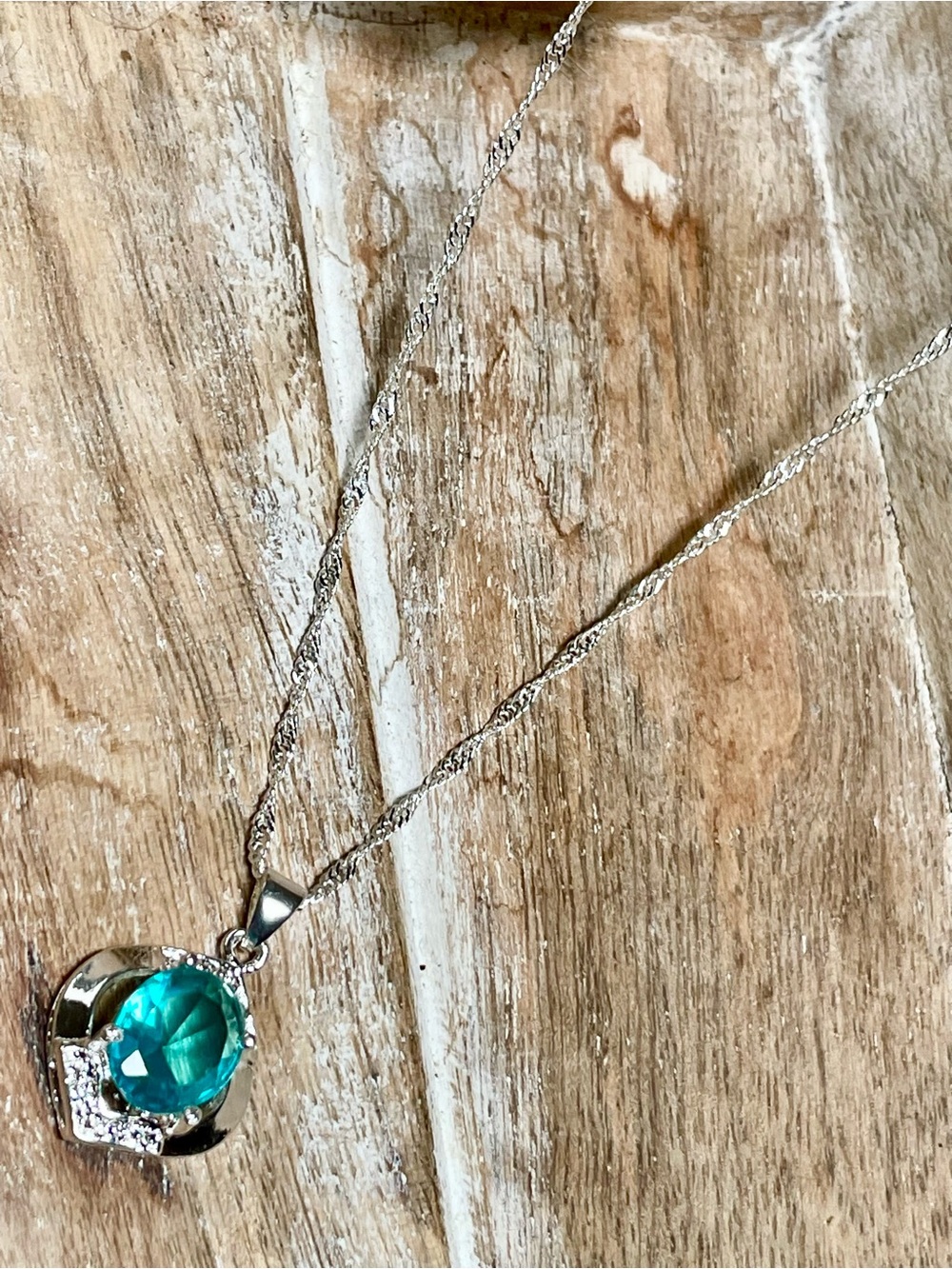 Sterling Silver Necklace with Bright Teal Crystal Pendant - Picture 2 of 5